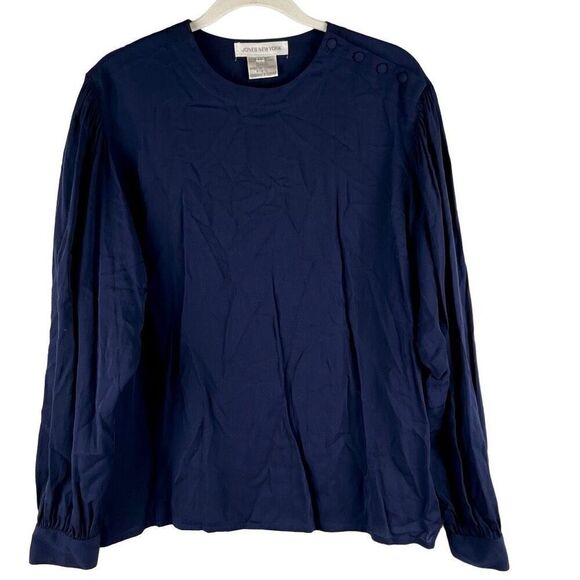 Jones New York Navy Blue Long Sleeve Button Shoulder Blouse 12 - Picture 1 of 9